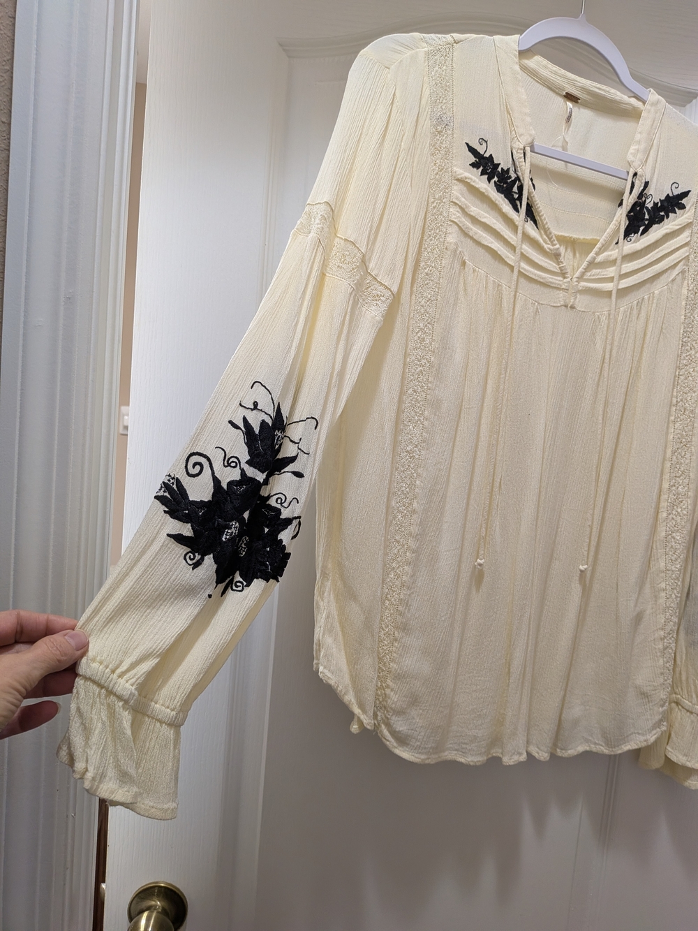 Free People Cream Peasant Blouse with Black Floral Embroidery - Picture 3 of 3